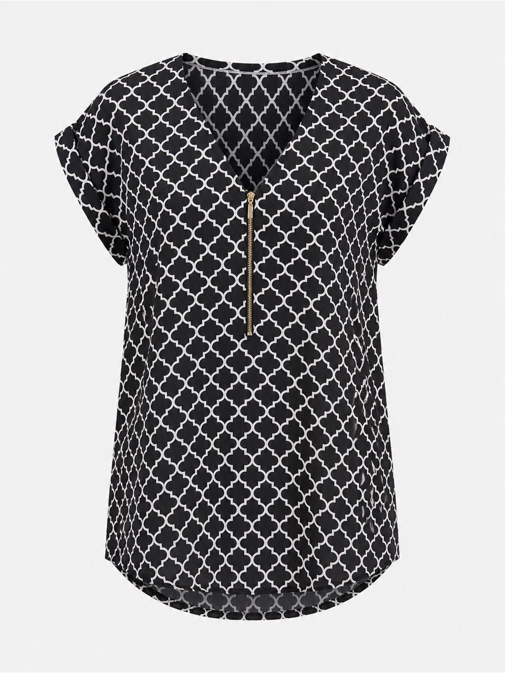 Express Black and White Geometric V-Neck Zip Top